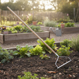 Garden scene with a garden fork in a raised bed, surrounded by plants and a wooden fence.
