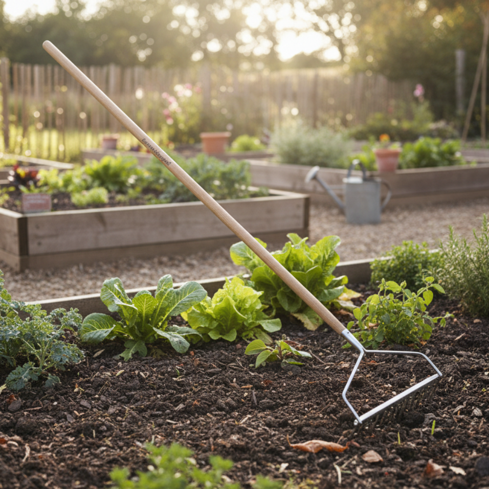 Garden scene with a garden fork in a raised bed, surrounded by plants and a wooden fence.