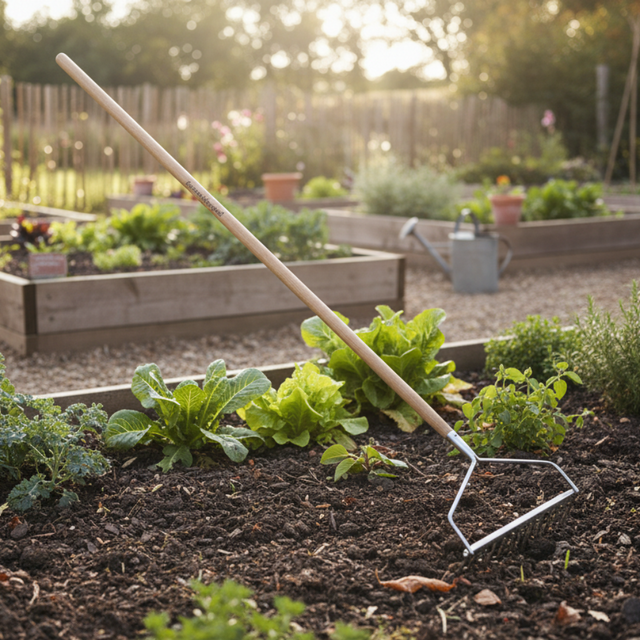Garden scene with a garden fork in a raised bed, surrounded by plants and a wooden fence.