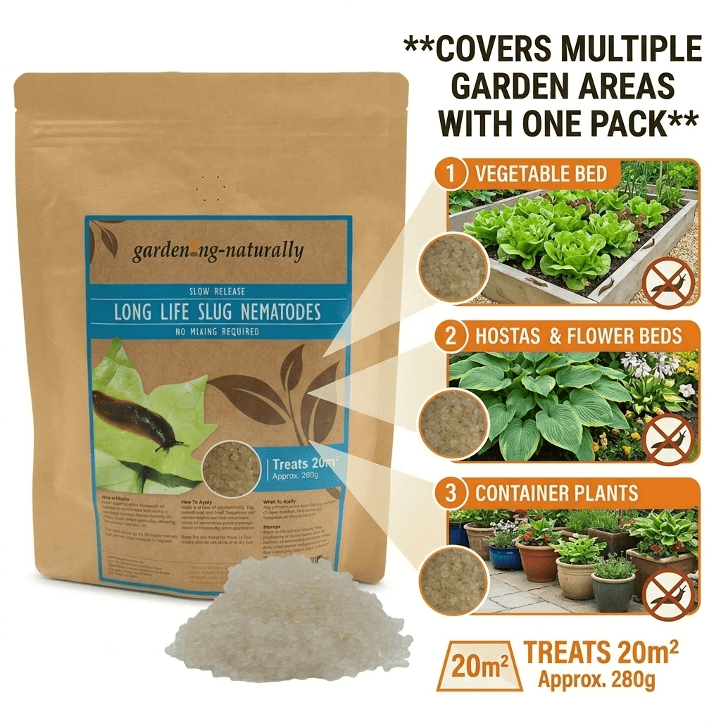 Garden-naturally long life slug nematodes packaging with product usage information on a white background