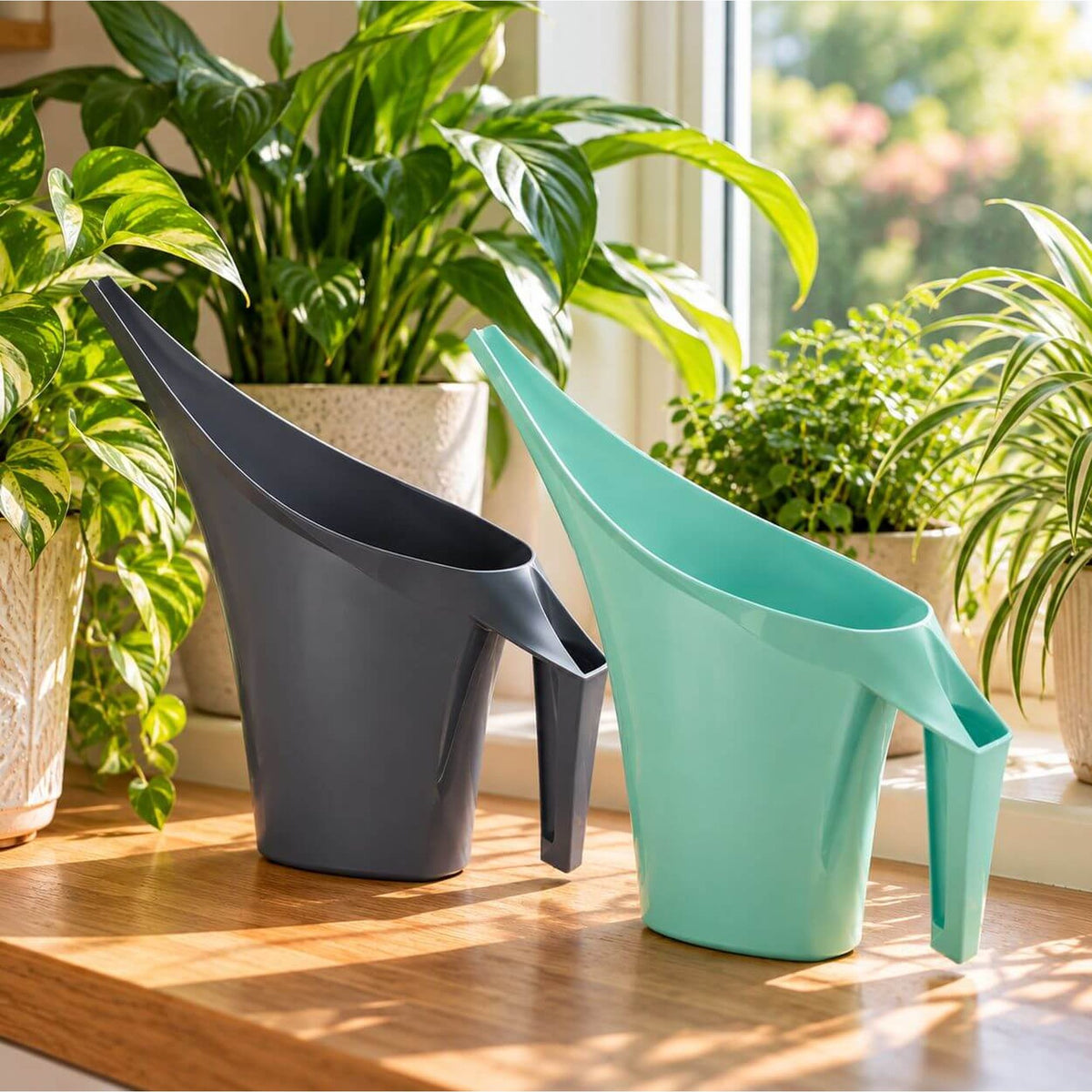 Two plastic watering cans with a unique angled spout design, one in dark gray and one in mint green, displayed on a wooden windowsill surrounded by potted plants.