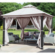 Luxury gazebo with LED lights and curtains with furniture in garden