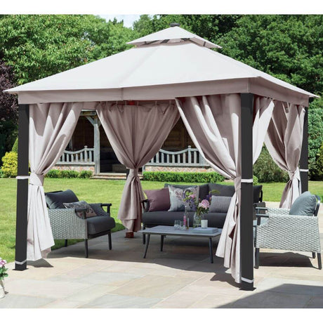 Luxury gazebo with LED lights and curtains with furniture in garden
