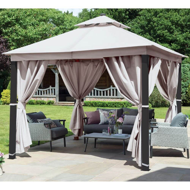 Luxury gazebo with LED lights and curtains with furniture in garden