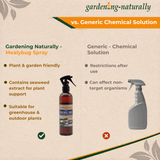 Comparison chart between 'Gardening Naturally' mealybug spray and a generic chemical solution on a beige background.