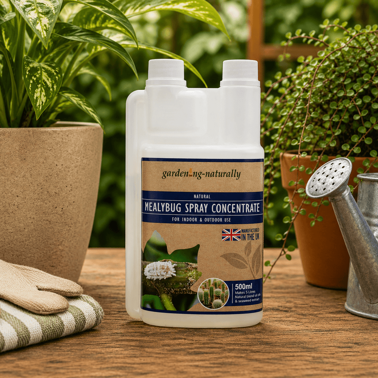 Gardening naturally mealybug spray concentrate bottle on a wooden table with plants and gardening tools.