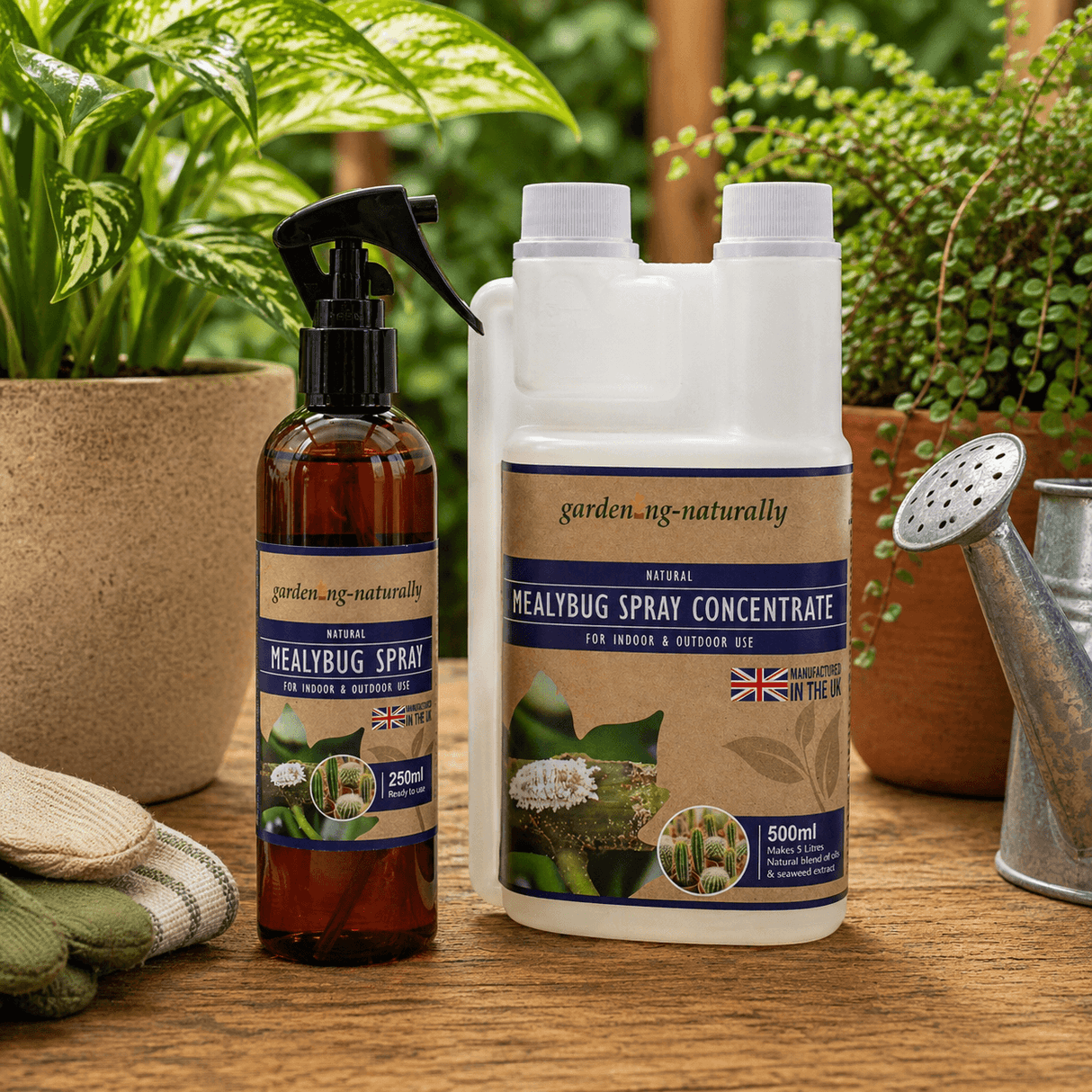 Garden pest control products including a spray bottle and concentrate on a wooden surface with plants in the background.