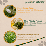 Gardening Naturally product description with images of pests and plants on a beige background.