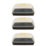 Three black plastic containers with transparent lids on a white background