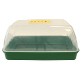 Green plastic propagator with tray and transparent lid on a white background