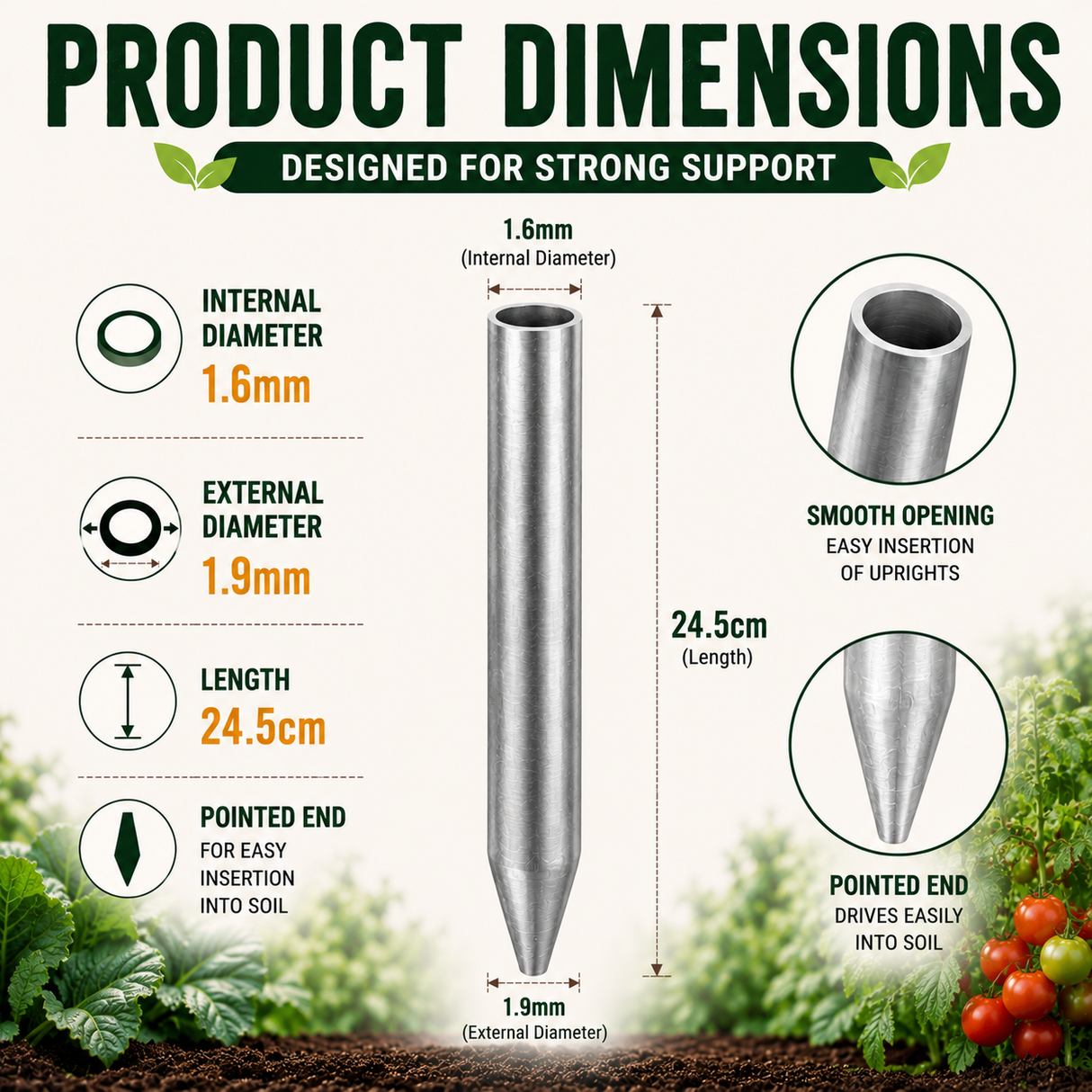Product dimensions chart for a gardening anchor with text 'Designed for Strong Support'.