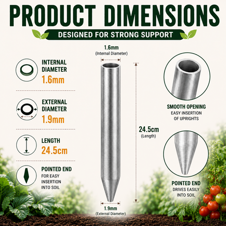 Product dimensions chart for a gardening anchor with text 'Designed for Strong Support'.