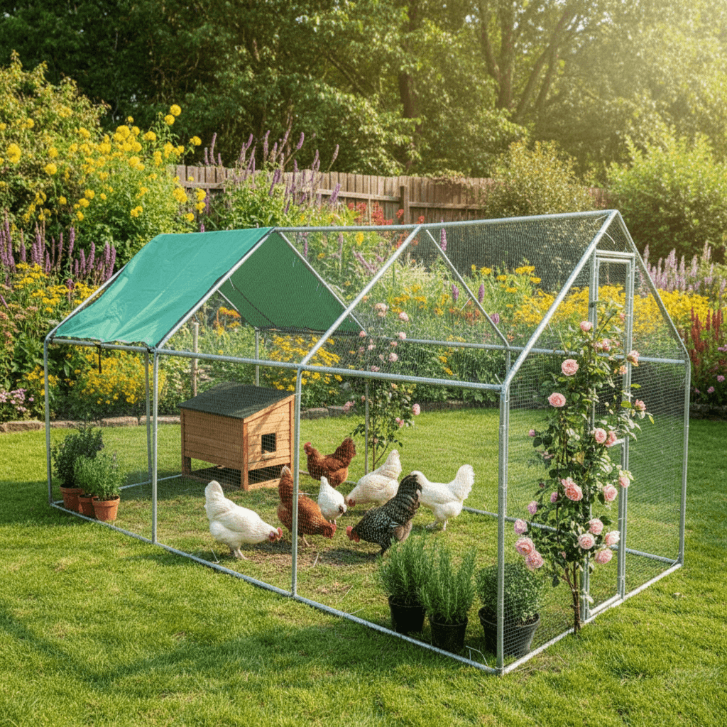 metal chicken run with chickens