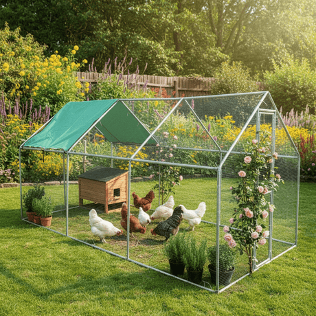 metal chicken run with chickens