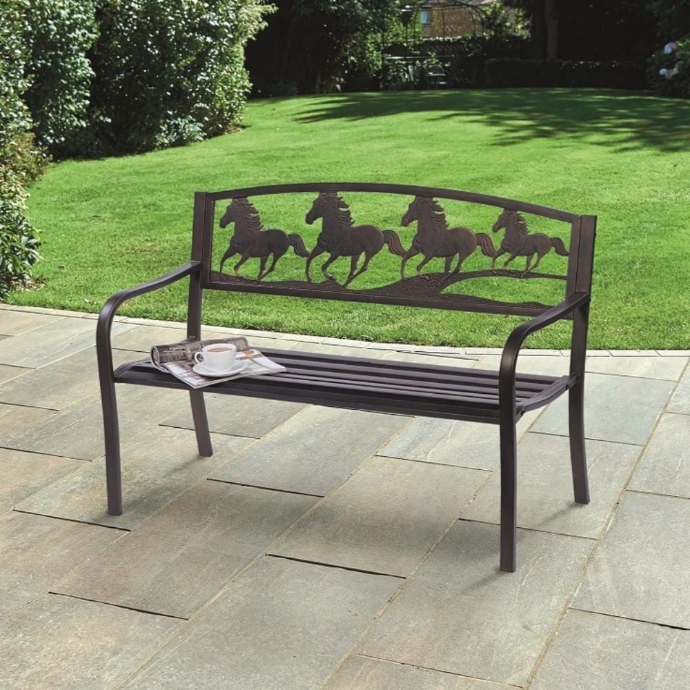 garden bench with three horses on back