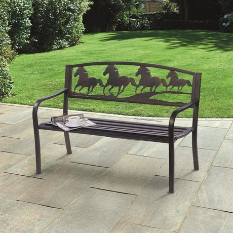 garden bench with three horses on back