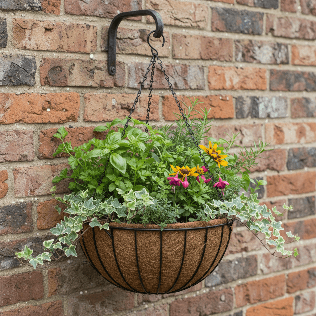metal hanging basket on wall with flowers