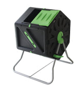 A black and green tumbling composter with a rotating mechanism, made of plastic and metal, designed for garden waste.