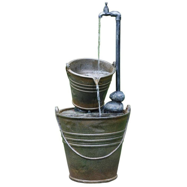 tin metal tap water feature pouring into two metal buckets