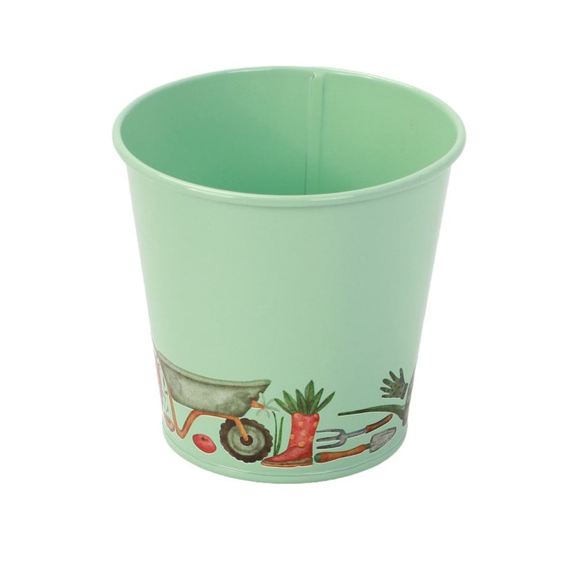 A mint green pot for storing plant labels