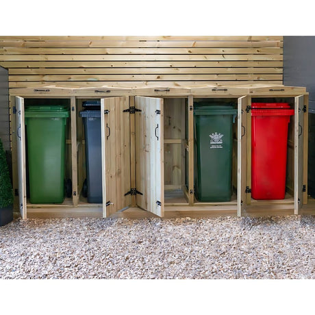 2 doubles and 1 single wheelie bin storage with doors open showing bins on outdoor turf