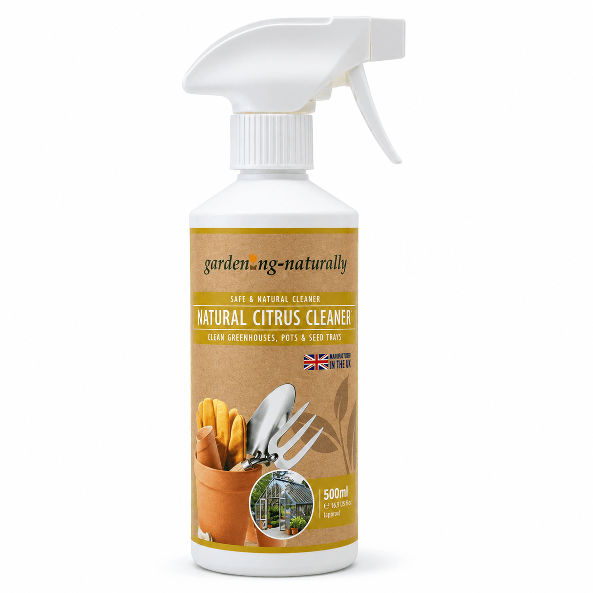 A 500ml white plastic spray bottle of garden-ng-naturally Natural Citrus Cleaner, featuring a brown kraft-paper style label with gardening illustrations and a white trigger sprayer.