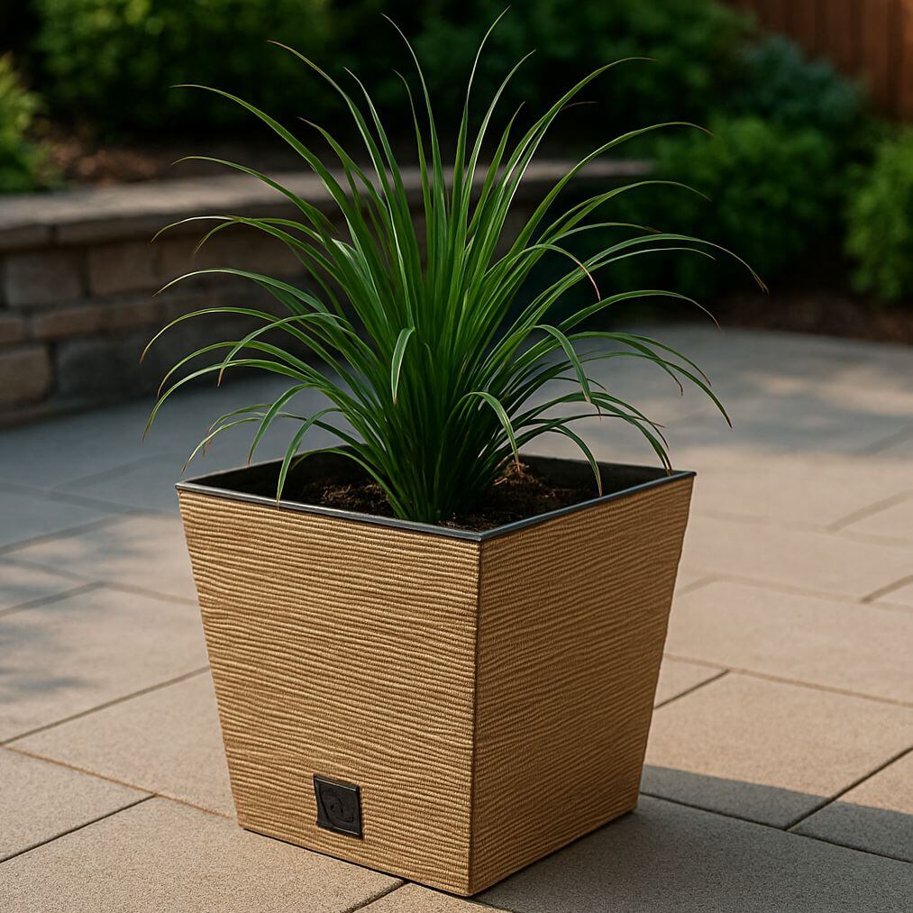 Square woven plant pot with a plant on a patio