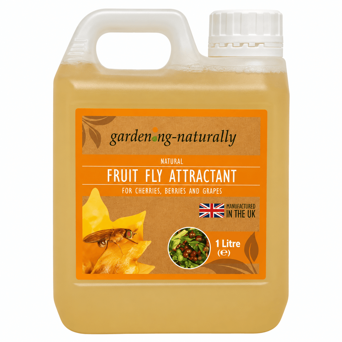 A 1 litre plastic jug of gardening-naturally Fruit Fly Attractant, filled with a golden-yellow liquid, featuring an orange label with a bee and fruit illustrations.