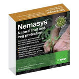 Box of Nemasys natural fruit and vegetable protection nematodes with a hand holding a young plant, logos, and product information.