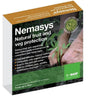 Box of Nemasys natural fruit and vegetable protection nematodes with a hand holding a young plant, logos, and product information.
