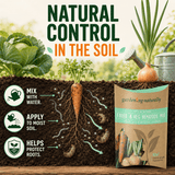 A garden nematode mix product package shown next to an illustrated soil cross-section with vegetables, roots, and application instructions. Large text reads 'NATURAL CONTROL IN THE SOIL.