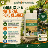 Advertisement for 'garden-ing-naturally' pond cleaner with product bottle and benefits listed.
