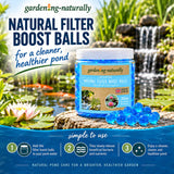 Gardening Naturally Natural Pond Filter Boost Balls shown in a pond with a simple step-by-step guide explaining how to use them.
