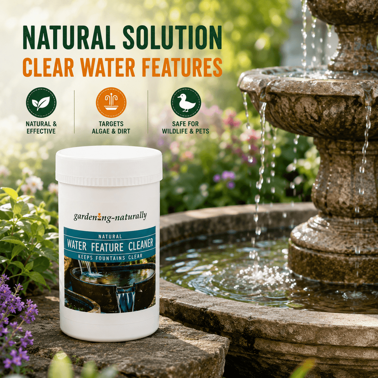 Bottle of water feature cleaner with fountain and garden background