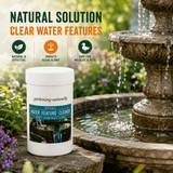 Bottle of water feature cleaner with fountain and garden background