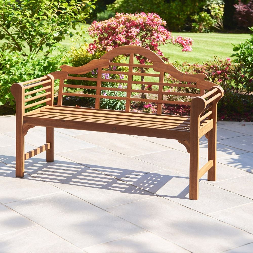 natural wooden lutyens garden bench furniture on patio
