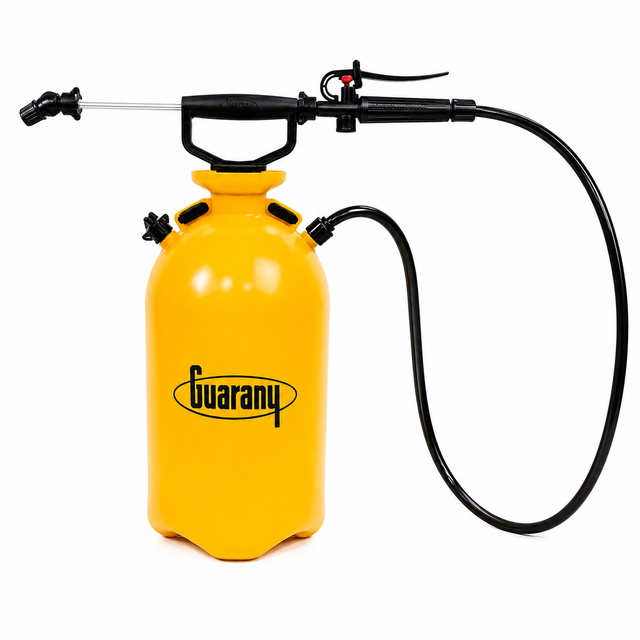 Yellow spray bottle with black nozzle and hose on a white background, featuring the 'Guarany' brand.