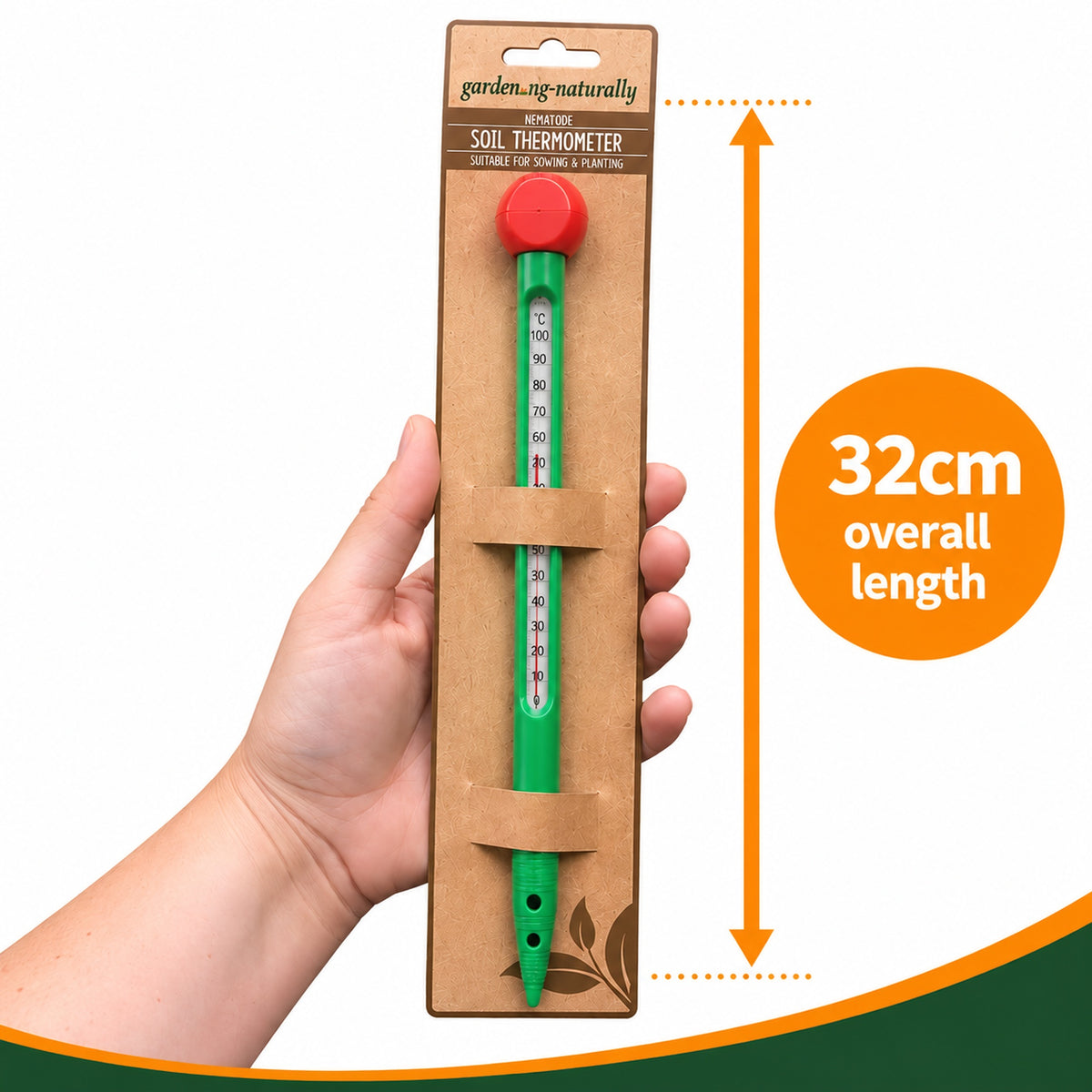 A hand holds a packaged garden soil thermometer on a white background, with an orange callout showing 32cm overall length.