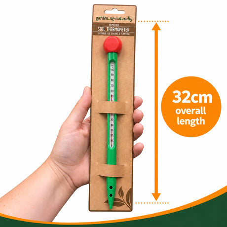 A hand holds a packaged garden soil thermometer on a white background, with an orange callout showing 32cm overall length.