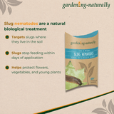 Package of 'garden naturally' slug nematodes with text about their benefits on a beige background.