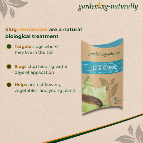 Package of 'garden naturally' slug nematodes with text about their benefits on a beige background.
