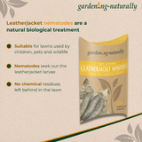 Package of Leatherjacket Nematodes with text about its use and benefits on a beige background.