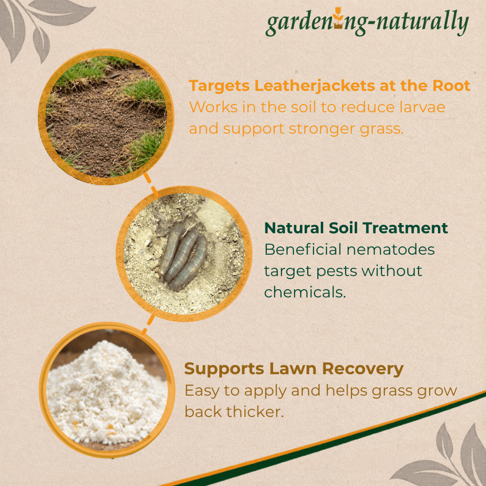 Gardening Naturally product description with images of soil, larvae, and fertilizer.