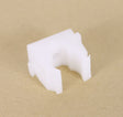 A white plastic clip designed to secure carrot fence netting to a pole.