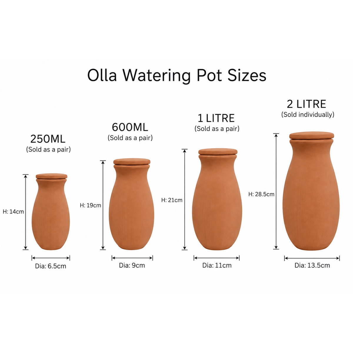 A size comparison chart for an olla watering pot, showing four terracotta-colored pots labeled 250ML, 600ML, 1 LITRE, and 2 LITRE with height and diameter measurements on a white background.