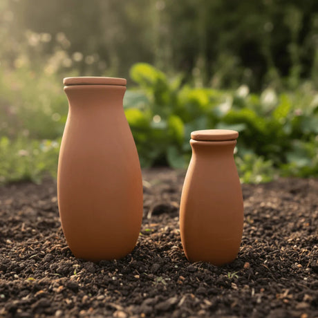 Two terracotta clay vases of different heights standing on dark soil with a blurred garden background.
