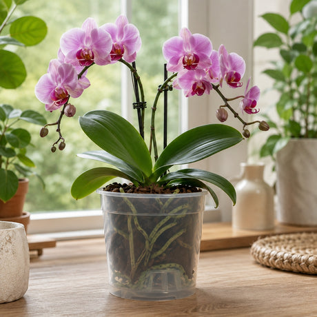 Potted orchid with pink flowers on a wooden table
