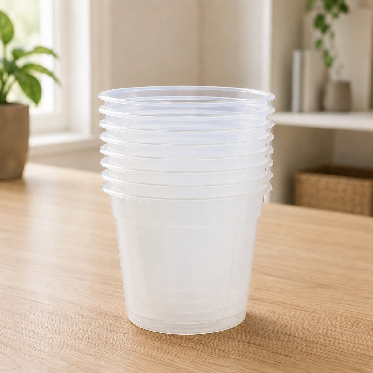 Stack of clear plastic cups on a wooden table with a home interior background
