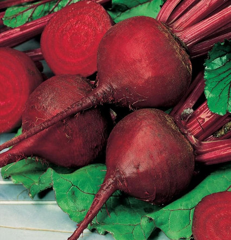 A group of organic beetroot with leaves attached, showcasing their deep red color and globe shape.
