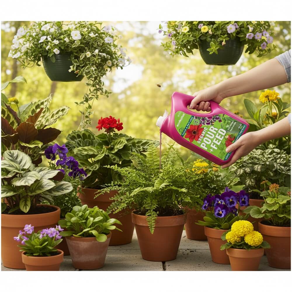 person holding organic feed and pouring it onto plants